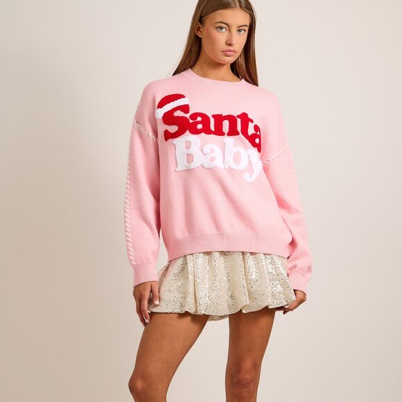 Premium Boutique SANTA BABY Pink Christmas Holiday Knit Sweater Puff Design NEW - Picture 9 of 11